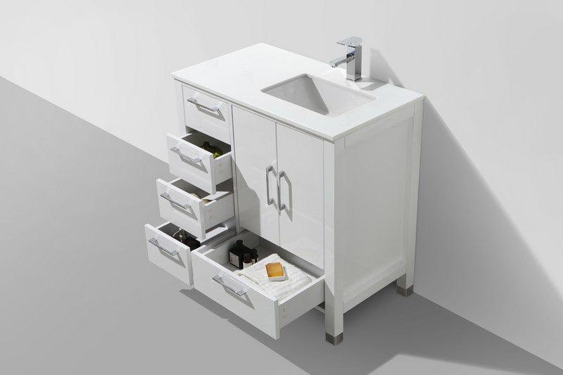 Kube Bath Anziano 36" Gloss White Vanity w/ Left Side Drawers and Quartz Countertop - ASL1536L-GW