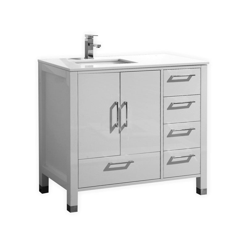 Kube Bath Anziano 36" Gloss White Vanity w/ Right Side Drawers and Quartz Countertop - ASL1536R-GW