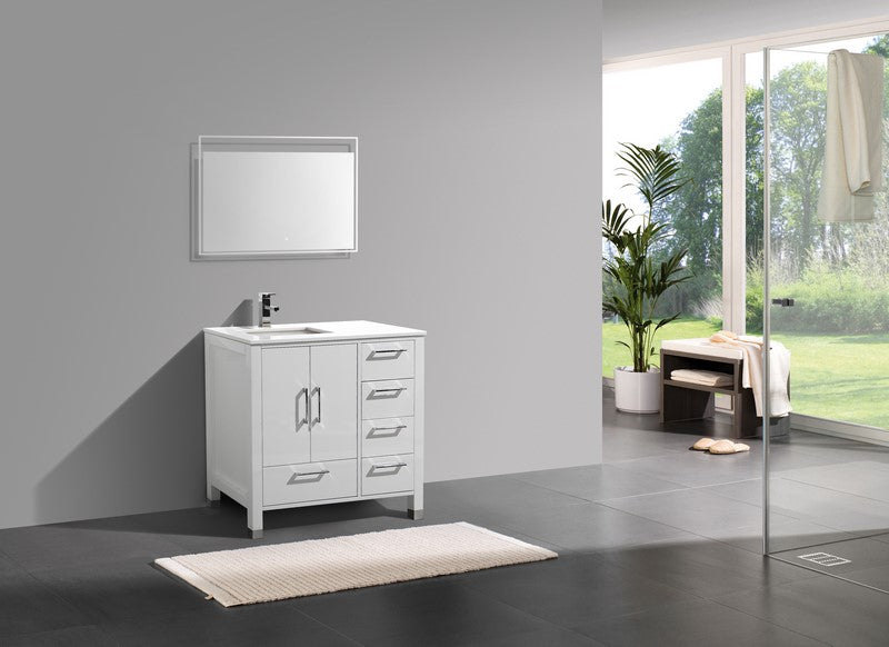 Kube Bath Anziano 36" Gloss White Vanity w/ Right Side Drawers and Quartz Countertop - ASL1536R-GW