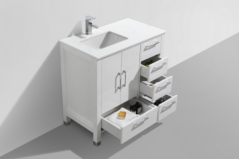 Kube Bath Anziano 36" Gloss White Vanity w/ Right Side Drawers and Quartz Countertop - ASL1536R-GW