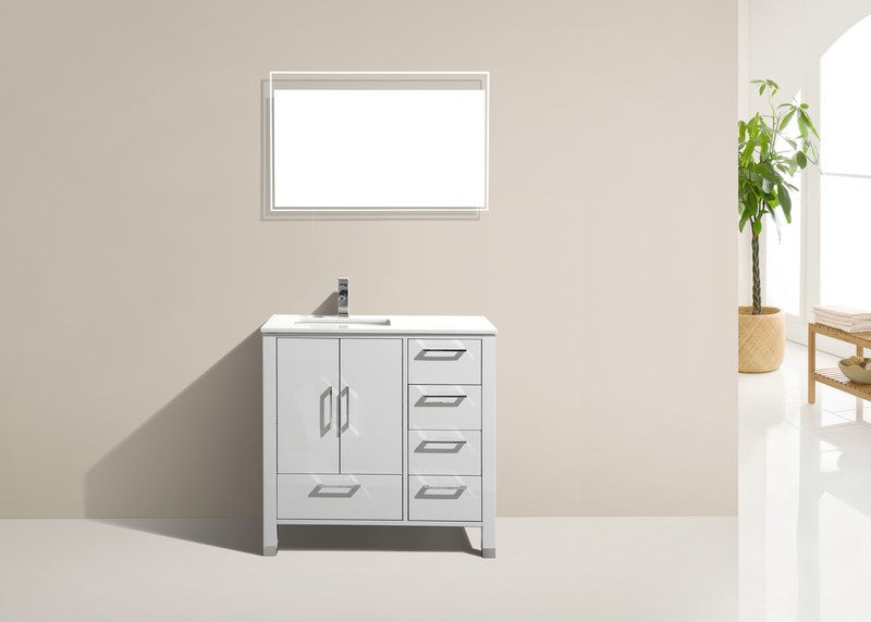 Kube Bath Anziano 36" Gloss White Vanity w/ Right Side Drawers and Quartz Countertop - ASL1536R-GW