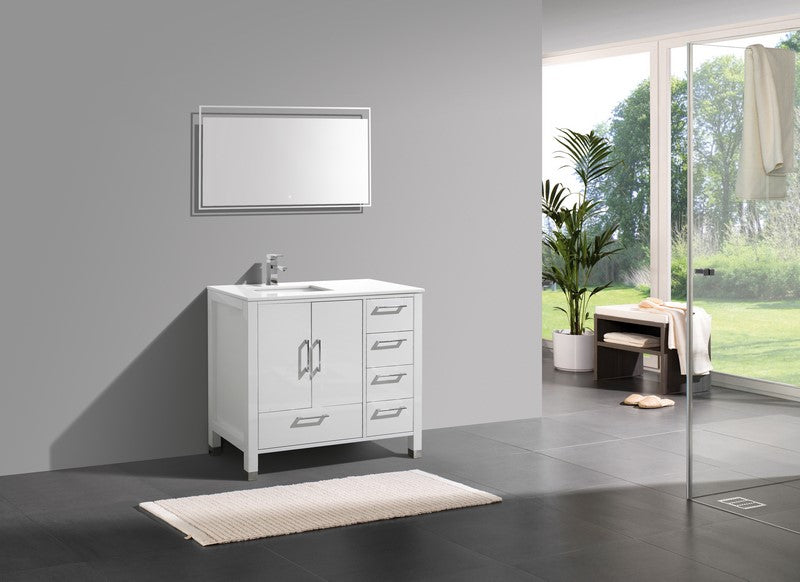 Kube Bath Anziano 40" Gloss White Vanity w/ Right Side Drawers and Quartz Countertop - ASL1540-GW