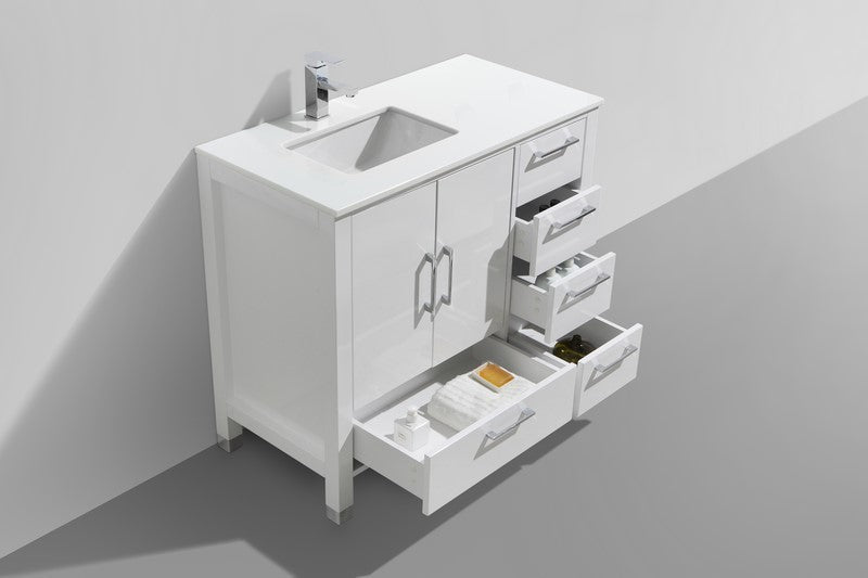 Kube Bath Anziano 40" Gloss White Vanity w/ Right Side Drawers and Quartz Countertop - ASL1540-GW