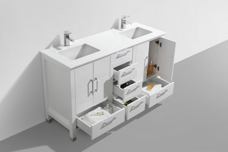 Kube Bath Anziano 60" Double Sink Gloss White Vanity w/ Quartz Countertop - ASL1560-GW