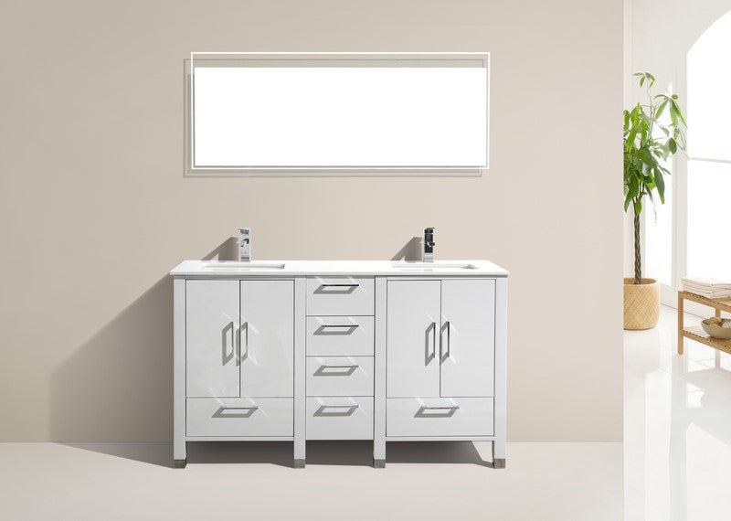Kube Bath Anziano 60" Double Sink Gloss White Vanity w/ Quartz Countertop - ASL1560-GW