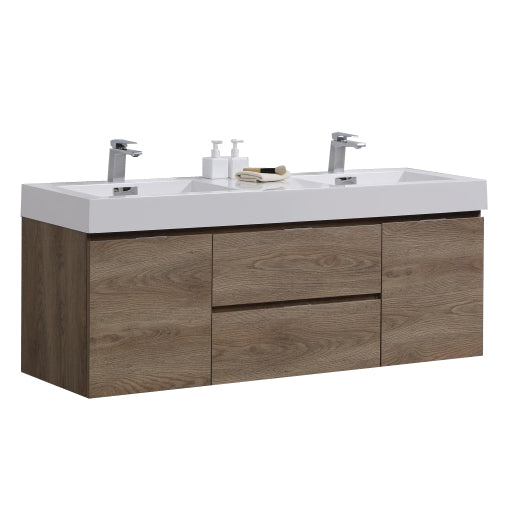 Kube Bath Bliss 60" Double Sink Butternut Wall Mount Modern Bathroom Vanity - BSL60D-BTN
