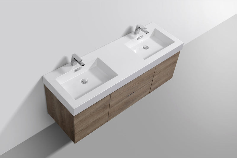 Kube Bath Bliss 60" Double Sink Butternut Wall Mount Modern Bathroom Vanity - BSL60D-BTN