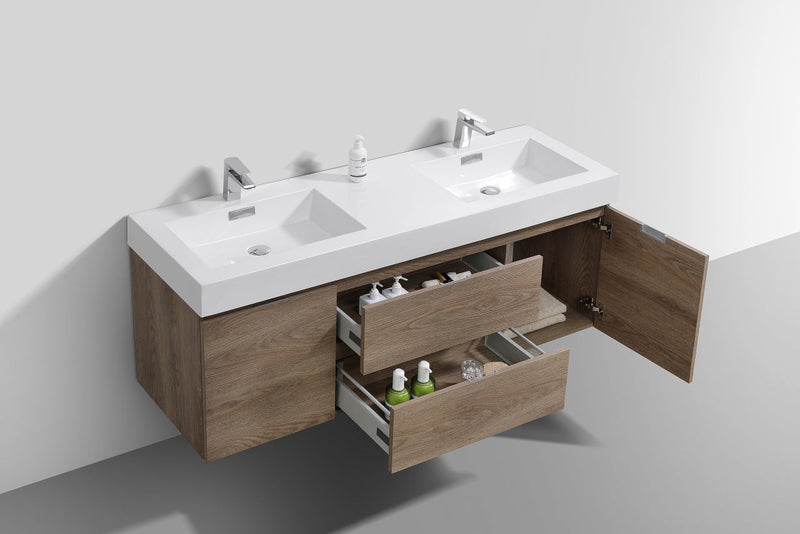 Kube Bath Bliss 60" Double Sink Butternut Wall Mount Modern Bathroom Vanity - BSL60D-BTN