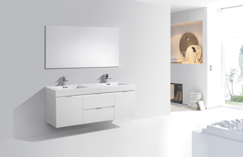Kube Bath Bliss 60" Double Sink High Gloss White Wall Mount Modern Bathroom Vanity - BSL60D-GW