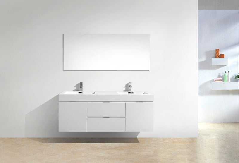Kube Bath Bliss 60" Double Sink High Gloss White Wall Mount Modern Bathroom Vanity - BSL60D-GW