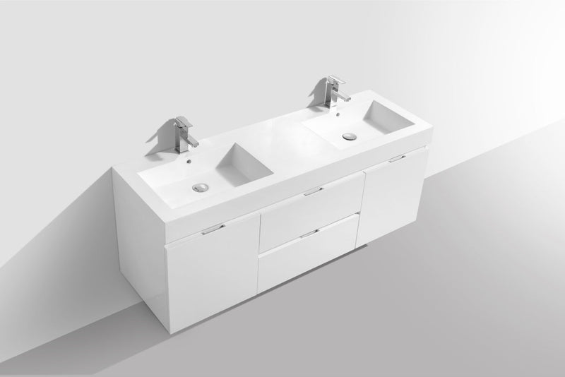 Kube Bath Bliss 60" Double Sink High Gloss White Wall Mount Modern Bathroom Vanity - BSL60D-GW