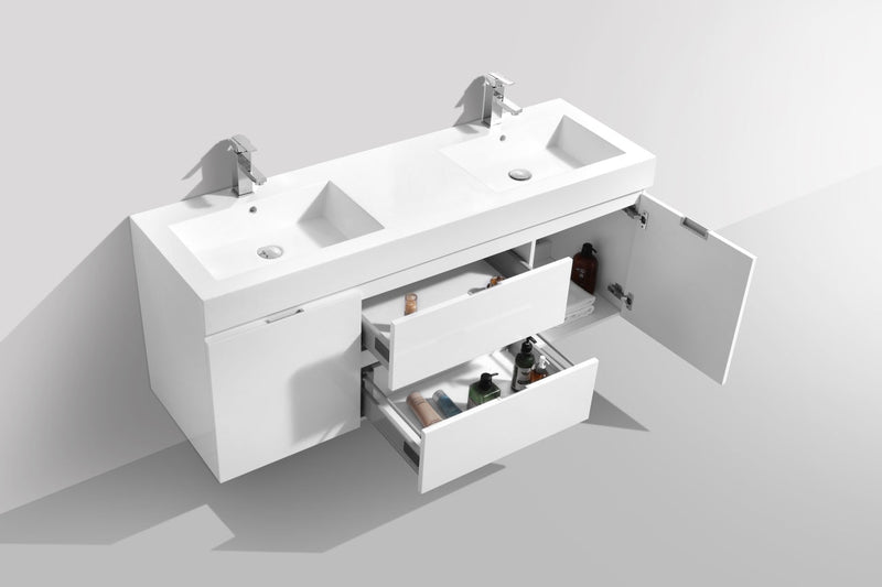 Kube Bath Bliss 60" Double Sink High Gloss White Wall Mount Modern Bathroom Vanity - BSL60D-GW