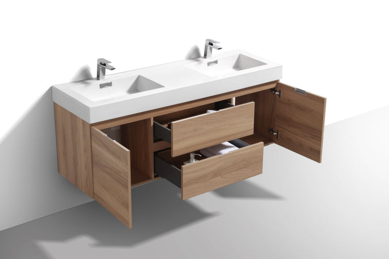 Kube Bath Bliss 60" Double Sink Honey Oak Wall Mount Modern Bathroom Vanity - BSL60D-HO