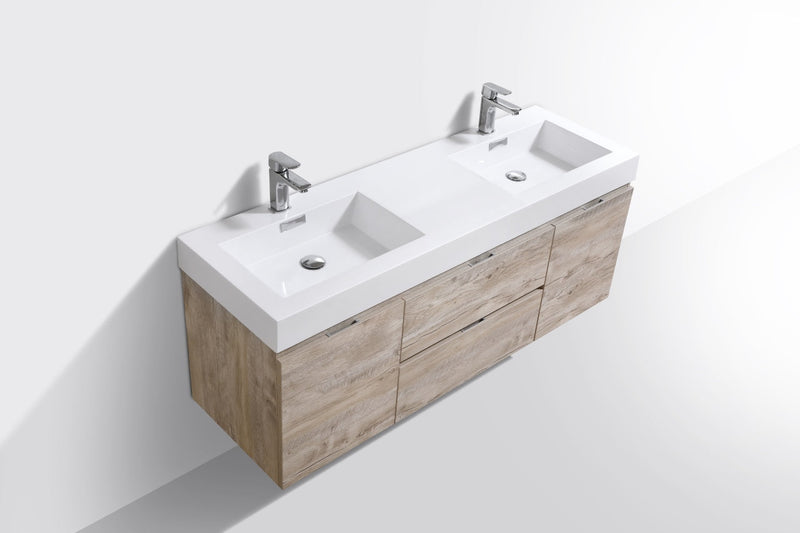 Kube Bath Bliss 60" Double Sink Nature Wood Wall Mount Modern Bathroom Vanity - BSL60D-NW