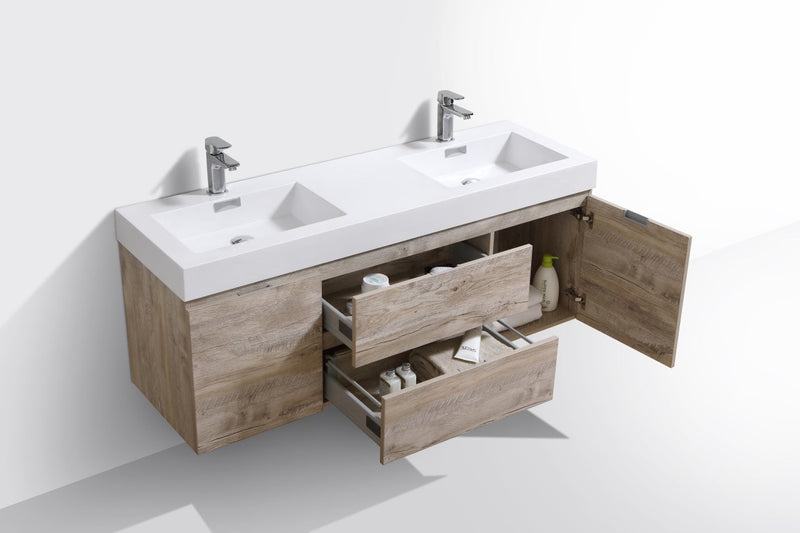 Kube Bath Bliss 60" Double Sink Nature Wood Wall Mount Modern Bathroom Vanity - BSL60D-NW