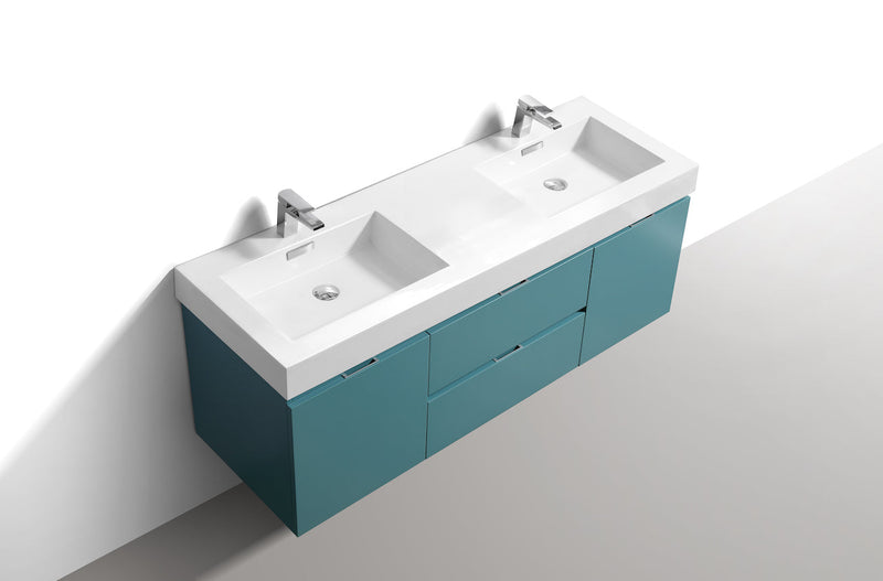 Kube Bath Bliss 60" Double Sink Teal Green Wall Mount Modern Bathroom Vanity - BSL60D-TG