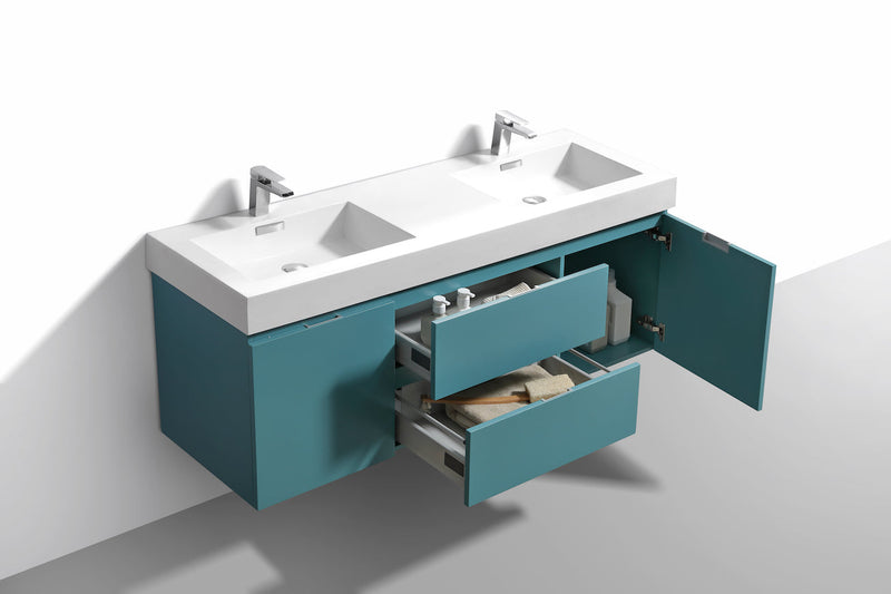 Kube Bath Bliss 60" Double Sink Teal Green Wall Mount Modern Bathroom Vanity - BSL60D-TG