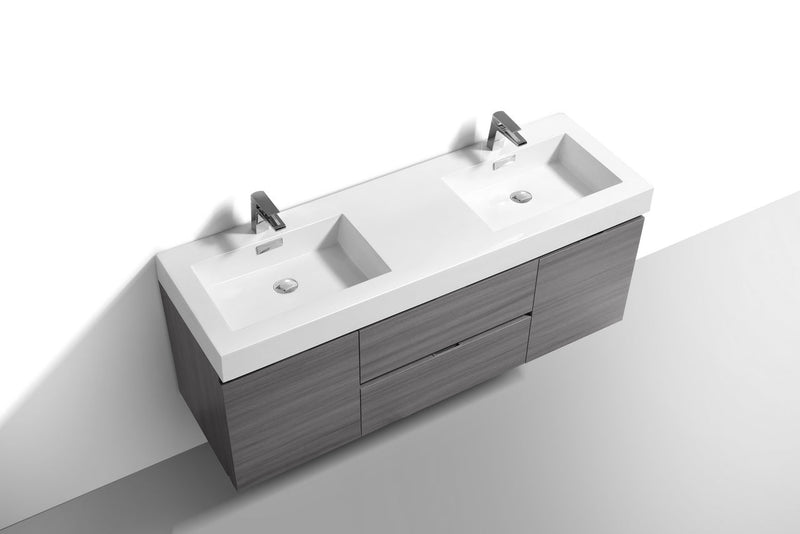 Kube Bath Bliss 60" Double Sink Vulcan Ash Grey Wall Mount Modern Bathroom Vanity - BSL60D-VAG
