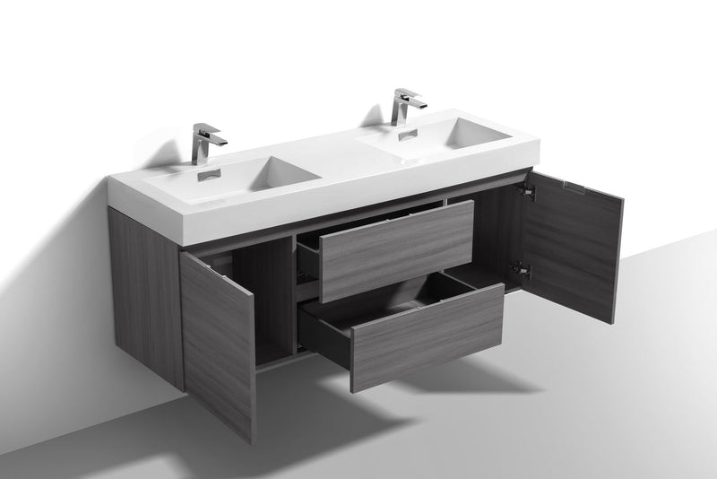 Kube Bath Bliss 60" Double Sink Vulcan Ash Grey Wall Mount Modern Bathroom Vanity - BSL60D-VAG