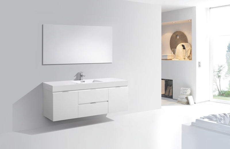 Kube Bath Bliss 60" Single Sink High Gloss White Wall Mount Modern Bathroom Vanity - BSL60S-GW