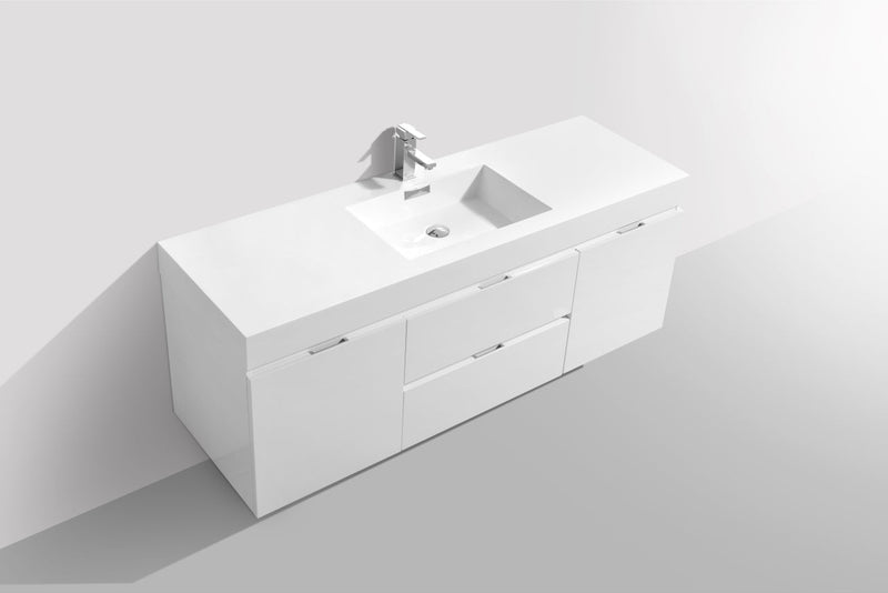 Kube Bath Bliss 60" Single Sink High Gloss White Wall Mount Modern Bathroom Vanity - BSL60S-GW