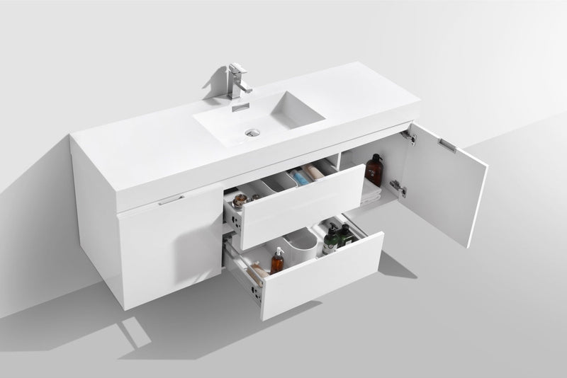 Kube Bath Bliss 60" Single Sink High Gloss White Wall Mount Modern Bathroom Vanity - BSL60S-GW