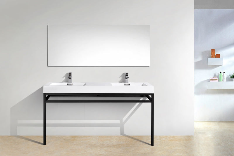 Kube Bath Haus 60" Double Sink Stainless Steel Console w/ White Acrylic Sink Matte Black - CH60D-BK