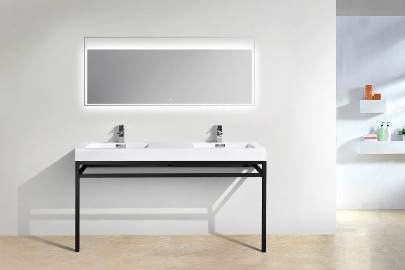 Kube Bath Haus 60" Double Sink Stainless Steel Console w/ White Acrylic Sink Matte Black - CH60D-BK