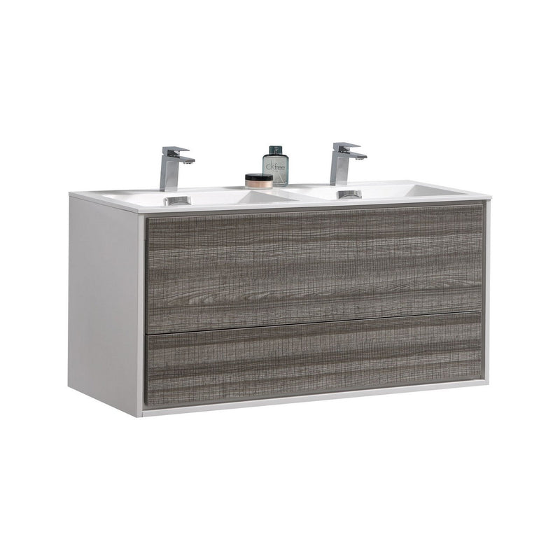 Kube Bath DeLusso 48" Double Sink High Gloss Ash Gray and White Wall Mount Modern Bathroom Vanity - DL48D-HGASH