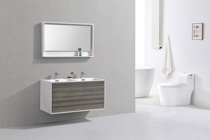 Kube Bath DeLusso 48" Double Sink High Gloss Ash Gray and White Wall Mount Modern Bathroom Vanity - DL48D-HGASH