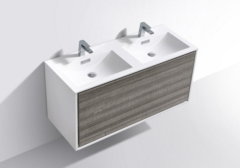 Kube Bath DeLusso 48" Double Sink High Gloss Ash Gray and White Wall Mount Modern Bathroom Vanity - DL48D-HGASH