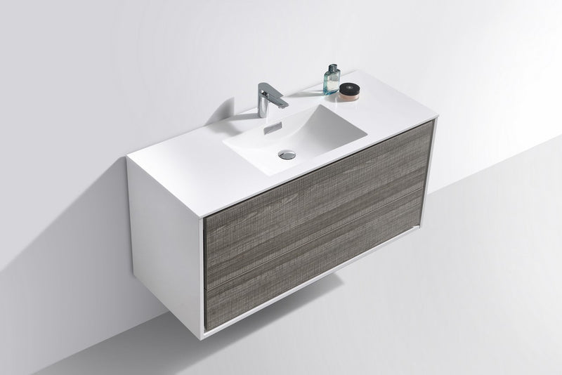 Kube Bath DeLusso 48" Single Sink High Gloss Ash Gray and White Wall Mount Modern Bathroom Vanity - DL48S-HGASH
