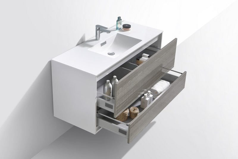 Kube Bath DeLusso 48" Single Sink High Gloss Ash Gray and White Wall Mount Modern Bathroom Vanity - DL48S-HGASH