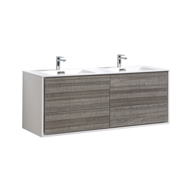 Kube Bath DeLusso 60" Double Sink High Gloss Ash Gray and White Wall Mount Modern Bathroom Vanity - DL60D-HGASH