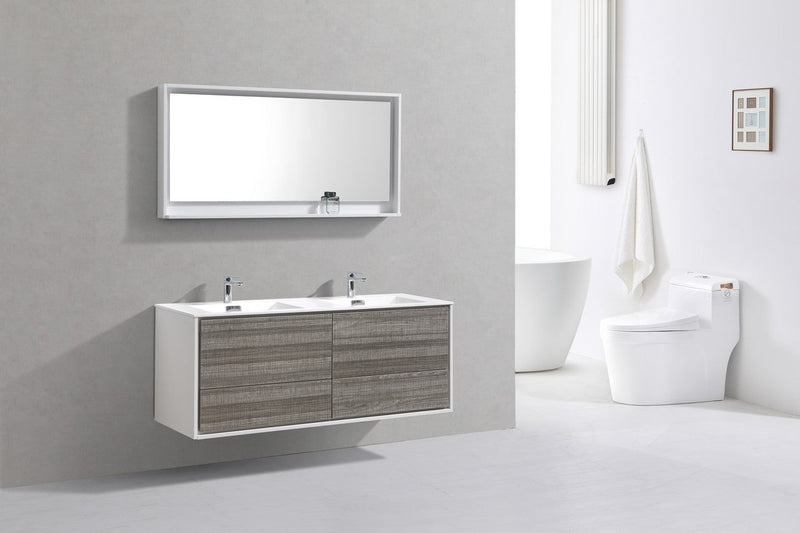 Kube Bath DeLusso 60" Double Sink High Gloss Ash Gray and White Wall Mount Modern Bathroom Vanity - DL60D-HGASH