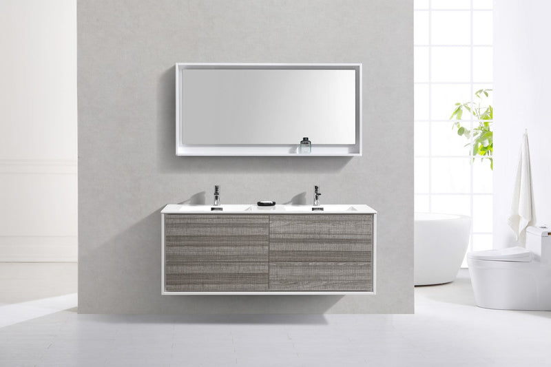 Kube Bath DeLusso 60" Double Sink High Gloss Ash Gray and White Wall Mount Modern Bathroom Vanity - DL60D-HGASH