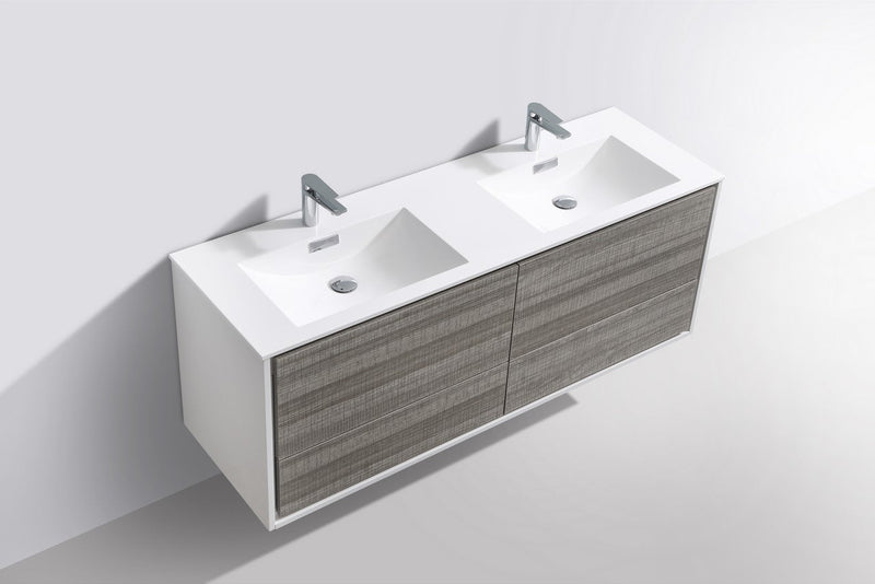 Kube Bath DeLusso 60" Double Sink High Gloss Ash Gray and White Wall Mount Modern Bathroom Vanity - DL60D-HGASH