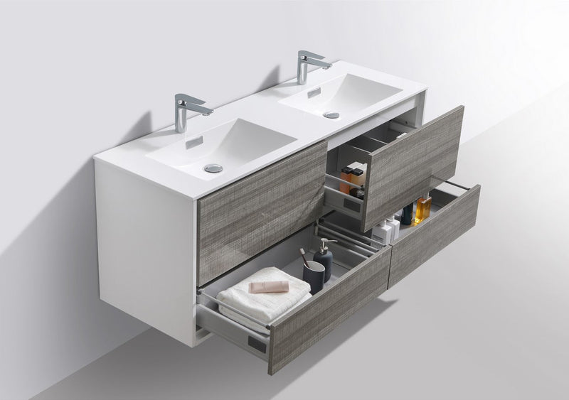 Kube Bath DeLusso 60" Double Sink High Gloss Ash Gray and White Wall Mount Modern Bathroom Vanity - DL60D-HGASH