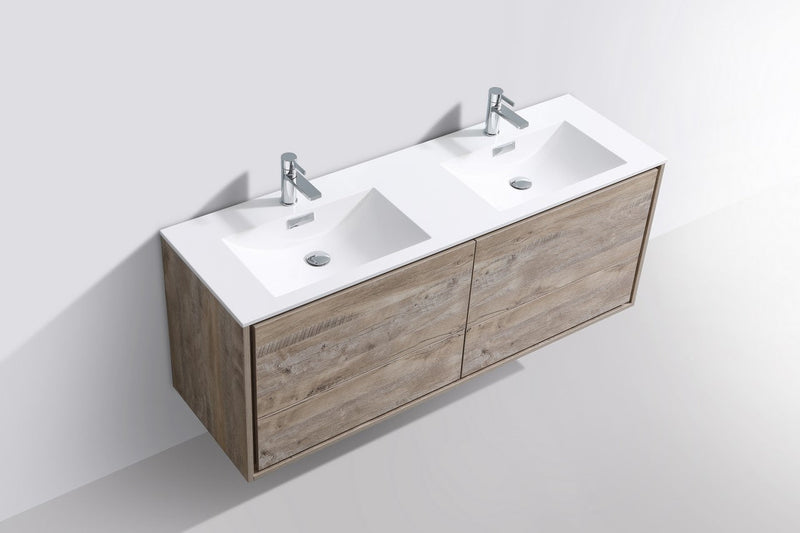 Kube Bath DeLusso 60" Double Sink Nature Wood Wall Mount Modern Bathroom Vanity - DL60D-NW