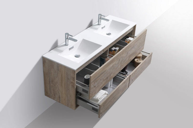 Kube Bath DeLusso 60" Double Sink Nature Wood Wall Mount Modern Bathroom Vanity - DL60D-NW