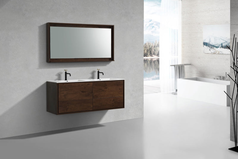 Kube Bath DeLusso 60" Double Sink Rose Wood Wall Mount Modern Bathroom Vanity - DL60D-RW