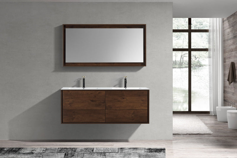 Kube Bath DeLusso 60" Double Sink Rose Wood Wall Mount Modern Bathroom Vanity - DL60D-RW