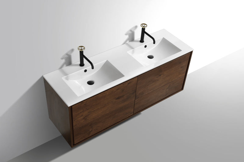 Kube Bath DeLusso 60" Double Sink Rose Wood Wall Mount Modern Bathroom Vanity - DL60D-RW