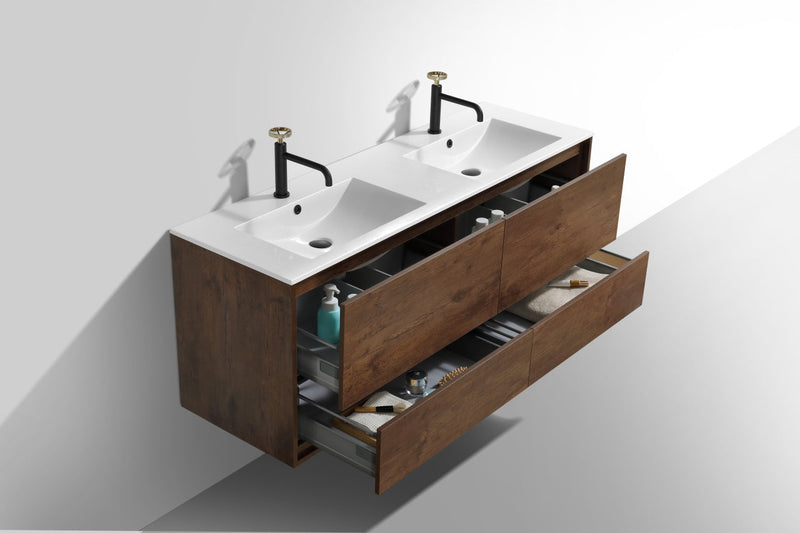 Kube Bath DeLusso 60" Double Sink Rose Wood Wall Mount Modern Bathroom Vanity - DL60D-RW