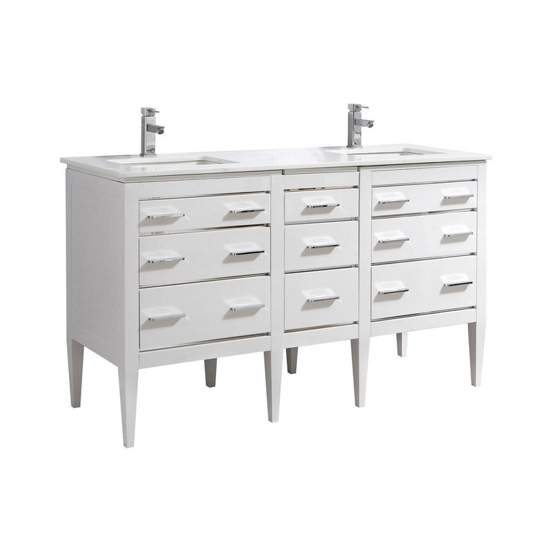 Kube Bath Eiffel 60'' Double Sink High Gloss White Vanity W/ Quartz Counter Top - E60-GW
