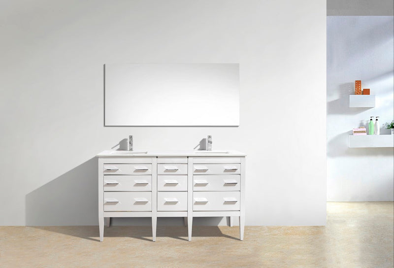 Kube Bath Eiffel 60'' Double Sink High Gloss White Vanity W/ Quartz Counter Top - E60-GW