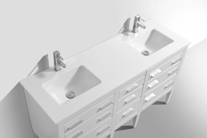 Kube Bath Eiffel 60'' Double Sink High Gloss White Vanity W/ Quartz Counter Top - E60-GW
