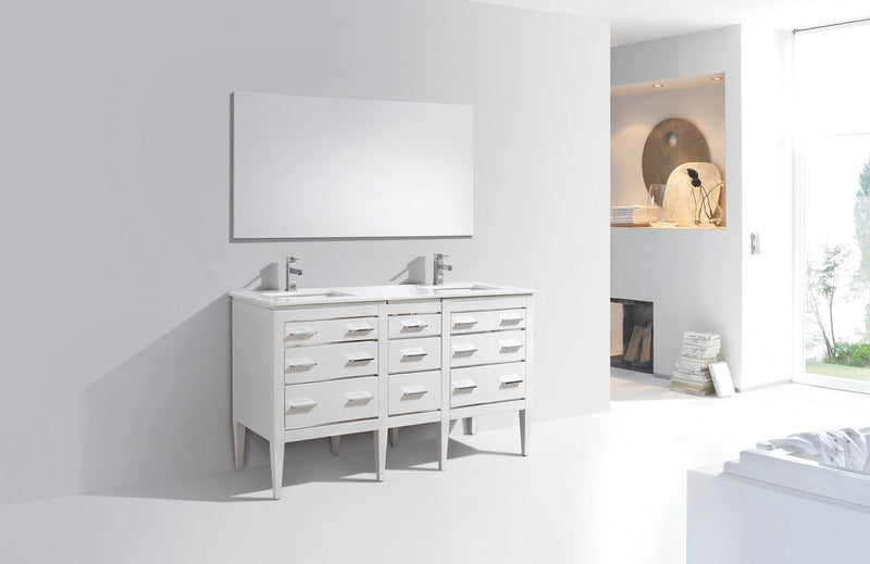 Kube Bath Eiffel 60'' Double Sink High Gloss White Vanity W/ Quartz Counter Top - E60-GW