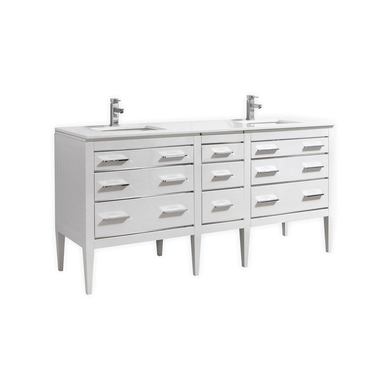 Kube Bath Eiffel 72'' Double Sink High Gloss White Vanity W/ Quartz Counter Top - E72-GW