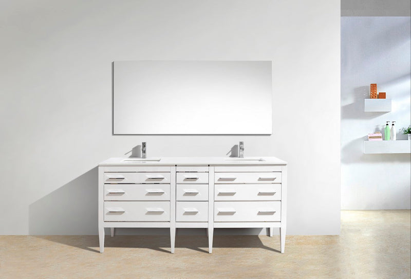Kube Bath Eiffel 72'' Double Sink High Gloss White Vanity W/ Quartz Counter Top - E72-GW